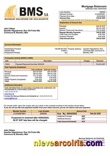 Mali Banque Malienne de Solidarité (BMS) mortgage statement Word and PDF template